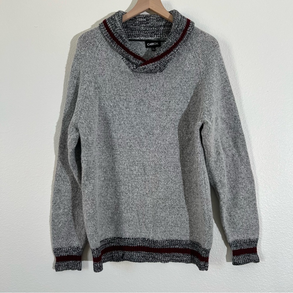 Rue21 Carbon Cowl Neck Sweater, Grey & Maroon Striped Trim, Size Large